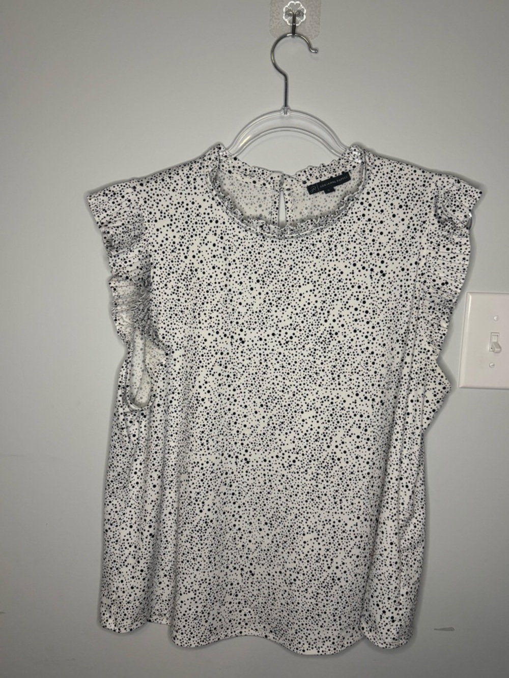 Adrianna Papell White Blouse with Black Dot Print and Ruffle Neck